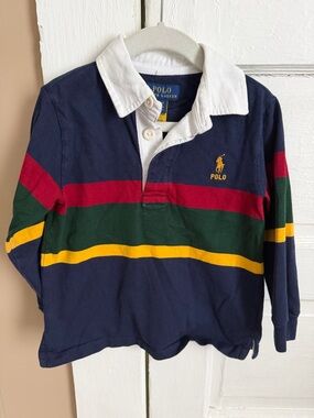 Kids-Polo by Ralph Lauren Navy Rugby Shirt with Red, Green & Yellow Stripes